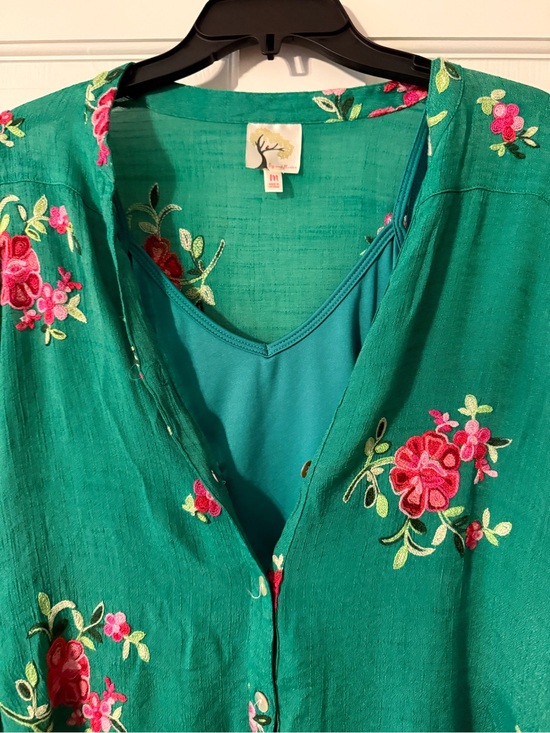 fig and flower Tops - Green Embroidered Floral Button-Front Blouse